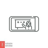 Mobile learning icon. Simple outline style. Woman teacher tutoring on phone screen, technology concept. Thin line symbol. Vector illustration isolated on white background. Editable stroke EPS 10.