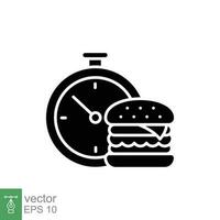 Burger fast delivery icon. Simple solid style. Timer, stopwatch, clock speed time, food shipping concept. Black silhouette, glyph symbol. Vector illustration isolated on white background. EPS 10.