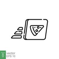 Pizza en papel caja icono. sencillo contorno estilo. rápido entrega alimento, caja de cartón, pizzería, italiano restaurante concepto. Delgado línea símbolo. vector ilustración aislado en blanco antecedentes. eps 10