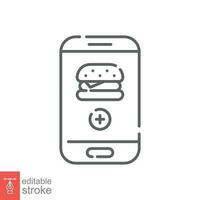 Fast food app icon. Simple outline style. Order burger online with mobile phone, technology concept. Thin line symbol. Vector illustration isolated on white background. Editable stroke EPS 10.