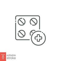 Pill icon. Simple outline style. Tablet, round pill, medical pharmacy, medicine, cross sign, health concept. Thin line symbol. Vector illustration isolated on white background. Editable stroke EPS 10.