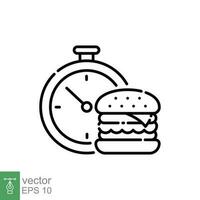 Burger fast delivery icon. Simple outline style. Timer, stopwatch, clock speed time, food shipping concept. Thin line symbol. Vector illustration isolated on white background. EPS 10.