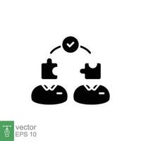 Work together icon. Simple solid style. People with puzzle, help, two man collaborate, teamwork concept. Black silhouette, glyph symbol. Vector illustration isolated on white background. EPS 10.