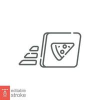 Pizza en papel caja icono. sencillo contorno estilo. rápido entrega alimento, caja de cartón, pizzería, restaurante concepto. Delgado línea símbolo. vector ilustración aislado en blanco antecedentes. editable carrera eps 10