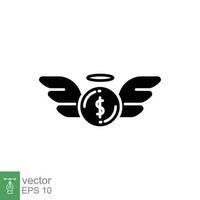 Angel investor icon. Simple solid style. Financial founder businessman, money with wings, business concept. Black silhouette, glyph symbol. Vector illustration isolated on white background. EPS 10.