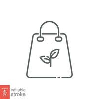 Eco bag icon. Simple outline style. Paper bag with leaf sign, shopping, nature, recycle plastic concept. Thin line symbol. Vector illustration isolated on white background. Editable stroke EPS 10.