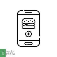 Fast food app icon. Simple outline style. Order burger online with mobile phone, smartphone, technology concept. Thin line symbol. Vector illustration isolated on white background. EPS 10.