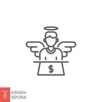 Angel investor icon. Simple outline style. Business investment, man with wings with dollar sign concept. Thin line symbol. Vector illustration isolated on white background. Editable stroke EPS 10.