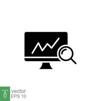 Data analytics icon. Simple solid style. Computer monitor screen with graph and magnifying glass concept. Black silhouette, glyph symbol. Vector illustration isolated on white background. EPS 10.