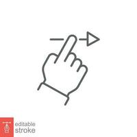 Swipe right icon. Simple outline style. Hand finger slide to right, drag arrow, unlock phone action concept. Thin line symbol. Vector illustration isolated on white background. Editable stroke EPS 10.