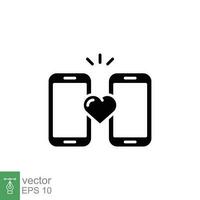 Online dating icon. Simple solid style. Mobile phone with love heart, long distance relationship concept. Black silhouette, glyph symbol. Vector illustration isolated on white background. EPS 10.