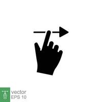 Swipe right icon. Simple solid style. Hand finger slide to right, drag arrow, unlock phone action concept. Black silhouette, glyph symbol. Vector illustration isolated on white background. EPS 10.