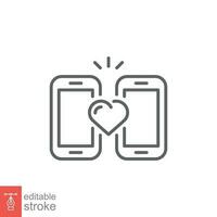 Online dating icon. Simple outline style. Mobile phone with love heart, long distance relationship concept. Thin line symbol. Vector illustration isolated on white background. Editable stroke EPS 10.