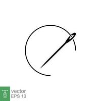 Sewing needle with thread icon. Simple solid style. Tailor, dressmaking, textile, circle, tailoring concept. Black silhouette, glyph symbol. Vector illustration isolated on white background. EPS 10.