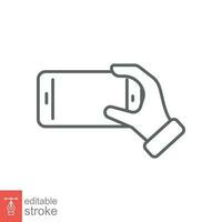 Hand holding phone icon. Simple outline style. Hand hold cell phone, smartphone device, technology concept. Thin line symbol. Vector illustration isolated on white background. Editable stroke EPS 10.