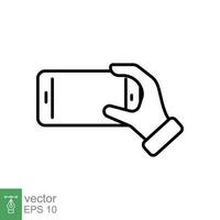 Hand holding phone icon. Simple outline style. Hand hold cell phone, smartphone device, technology concept. Thin line symbol. Vector illustration isolated on white background. EPS 10.