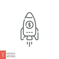 Business start-up rocket icon. Simple outline style. Money rocket space launch, dollar sign, growth concept. Thin line symbol. Vector illustration isolated on white background. Editable stroke EPS 10.