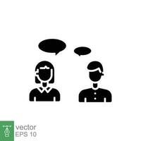 People talking icon. Simple solid style. Talk, speak, man, woman, couple, conversation, discuss concept. Black silhouette, glyph symbol. Vector illustration isolated on white background. EPS 10.