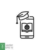 Online school icon. Simple outline style. Mobile learning, phone, graduation hat, digital book platform concept. Thin line symbol. Vector illustration isolated on white background. EPS 10.