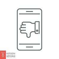 Bad review icon. Simple outline style. Smartphone with thumbs down, negative, dislike, social media concept. Thin line symbol. Vector illustration isolated on white background. Editable stroke EPS 10.