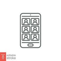 Video conference icon. Simple outline style. Online meetings, teleconference, phone, technology concept. Thin line symbol. Vector illustration isolated on white background. Editable stroke EPS 10.