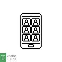 Video conference icon. Simple outline style. Online meetings, teleconference on smartphone, technology concept. Thin line symbol. Vector illustration isolated on white background. EPS 10.