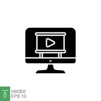 Video tutorial icon. Simple solid style. Webinar, play, stream, monitor with player, online education concept. Black silhouette, glyph symbol. Vector illustration isolated on white background. EPS 10.