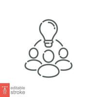 Collaboration idea icon. Simple outline style. Business team with lightbulb, innovation collaborate concept. Thin line symbol. Vector illustration isolated on white background. Editable stroke EPS 10.