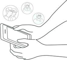 Black and white illustration. Using a smartphone to communicate. vector