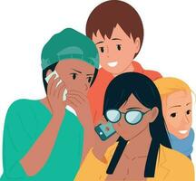 Friends guys and girls use smartphone for communication. vector