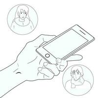 Black and white illustration. Using a smartphone to communicate. vector