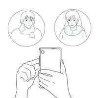 Black and white illustration. Using a smartphone to communicate. vector