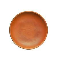 Top view of empty brown plate isolated on white background. photo
