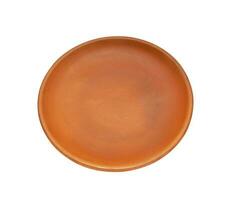Top view of empty brown plate isolated on white background. photo