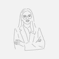 Line drawing young woman with glasses. Stands with business pose and smiling. Successful businesswoman concept. Leadership and victory, service and office stuff. Vector