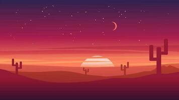Flat deisign vector landscape with sunset over desert and starry sky