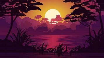 Vector forest sunset illustration with trees in silhouette