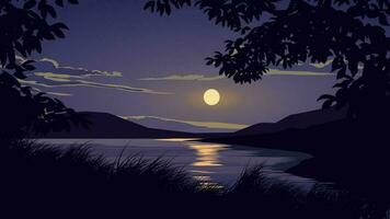 Calm night in a river with moonlight and silhouette of tree branches and grass vector