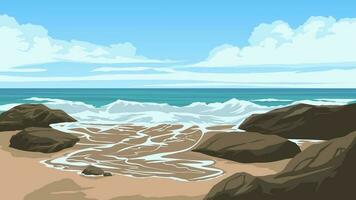 Beautiful beach with waves crashing on the rocks vector