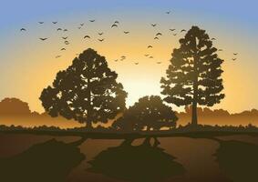 Beautiful vector sunrise landscape with silhouette of trees and birds