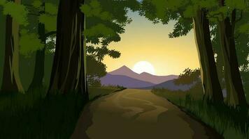 Vector sunset illustration of forest with footpath and mountain in background