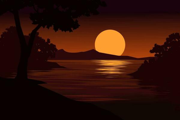 Calm dark sunset with river and trees