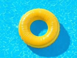 3d yellow inflatable pool ring, top view, pool background with blue water. Generative AI photo