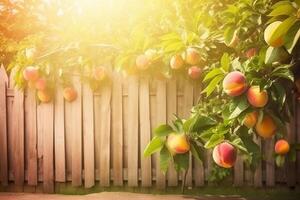 Natural Fruit. Peaches growing on a tree in the summer against wooden fence. Delicious and healthy organic nutrition. Garden with ripened fruits on sunset. Copy space. . photo