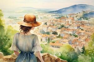 Illustration in a watercolor style. Beautiful girl in dress and hat looking down at beautiful village landscape from viewing platform. Viewed from behind. Travel and relax. . photo