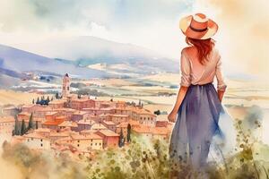 Illustration in a watercolor style. Beautiful girl in dress and hat looking down at beautiful village landscape from the hill. Viewed from behind. Travel and relax. . photo