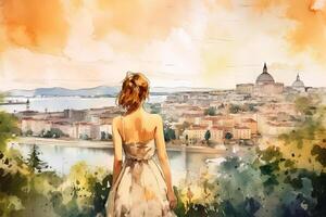 Illustration in a watercolor style. Beautiful girl in dress looking down at beautiful town. Viewed from behind. Travel and relax. . photo