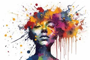 Mental health and creative abstract concept. Colorful illustration of female head in paint splatter style. Mindfulness and self care idea. White background. Copy space. . photo