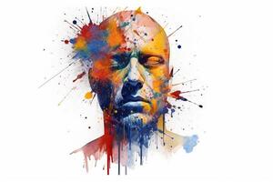 Mental health creative abstract concept. Colorful illustration of male head, paint splatter style. Banner white background. . photo
