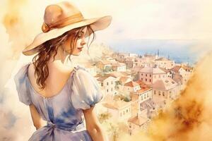 Illustration in a watercolor style. Beautiful girl in dress and hat looking down at beautiful sea town from viewing platform. Profile view. Travel and . photo